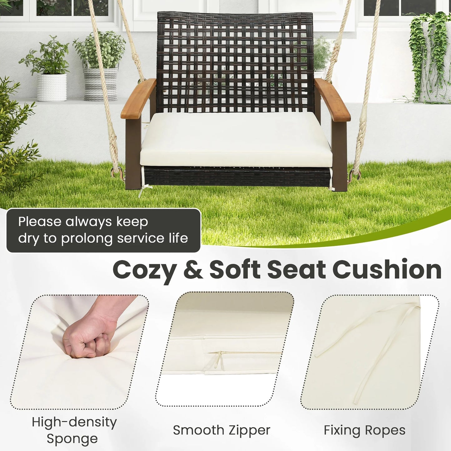Gymax Rattan Porch Swing Patio Wicker Single Hanging Seat w/Seat Cushion & Acacia Wood Armrests
