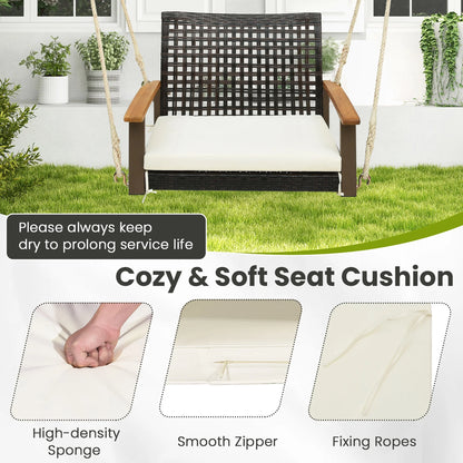 Gymax Rattan Porch Swing Patio Wicker Single Hanging Seat w/Seat Cushion & Acacia Wood Armrests