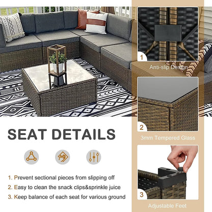 Kinbor 7pcs Outdoor Patio Furniture Set for 6 Sectional Pe Wicker Rattan Sofa Set Gray