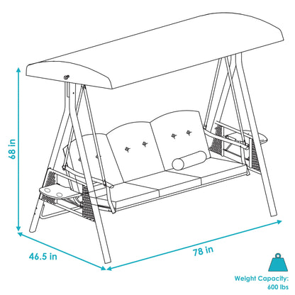 Sunnydaze Steel 3-Person Patio Swing with Adjustable Tilt Canopy and Cushions, Brown