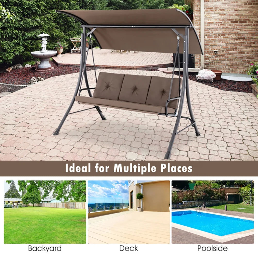 Yardi Yard 3-Seat Outdoor Porch Swing with Adjustable Canopy and Padded Cushions-Brown for Front Porch, Poolside, Patio, Backyard