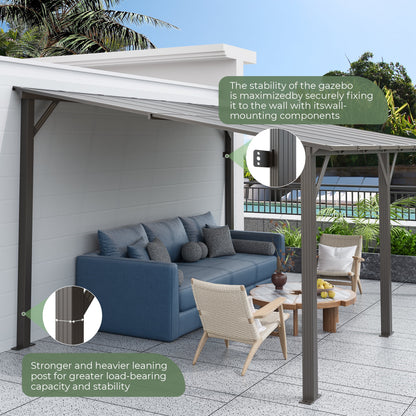GVDV 14' x 10' Hardtop Gazebos Pergola, Outdoor Wall Mounted Gazebos with Aluminum Frame and Thickened columns for Patio,Backyard,Garden