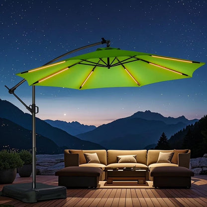 10ft Patio Umbrella Offset with Solar Light and Base,Offset Hanging Patio Outdoor Market Umbrella with Easy Tilt and Crank,for Yard,Garden,Home,Pool & Deck,Green
