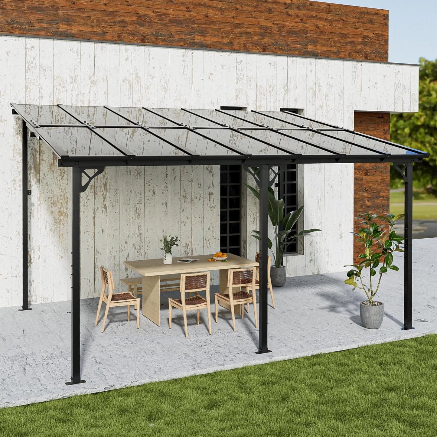 Amopatio 10' x 10' Gazebo, Hardtop Wall Mounted Lean to Gazebo Pergola for Patio, Large Aluminum Pergola Awnings for Decks, Patio, Backyard, Porch