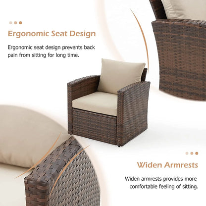 AECOJOY 6 Pieces Outdoor Furniture Set , Patio Rattan Wicker Sectional Sofa Conversation Set, Beige