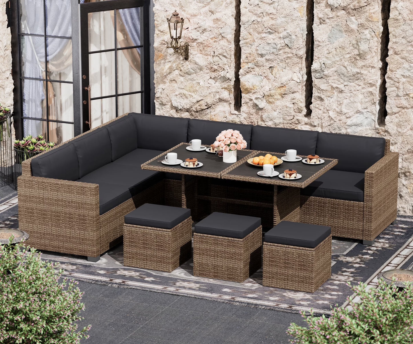 Bifanuo 7 Piece Patio Furniture Set, Outdoor Furniture Patio Sectional Sofa, All Weather PE Rattan Outdoor Sectional with Beige Cushions and Table, Black Wicker