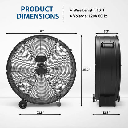 Danolapsi 30 Inch Industrial Drum Fan, 3-Speed High Velocity Floor Fan, Heavy Duty Metal Air Circulator with Caster Handle for Patios, Warehouses, Commercial, Factories and Workshops