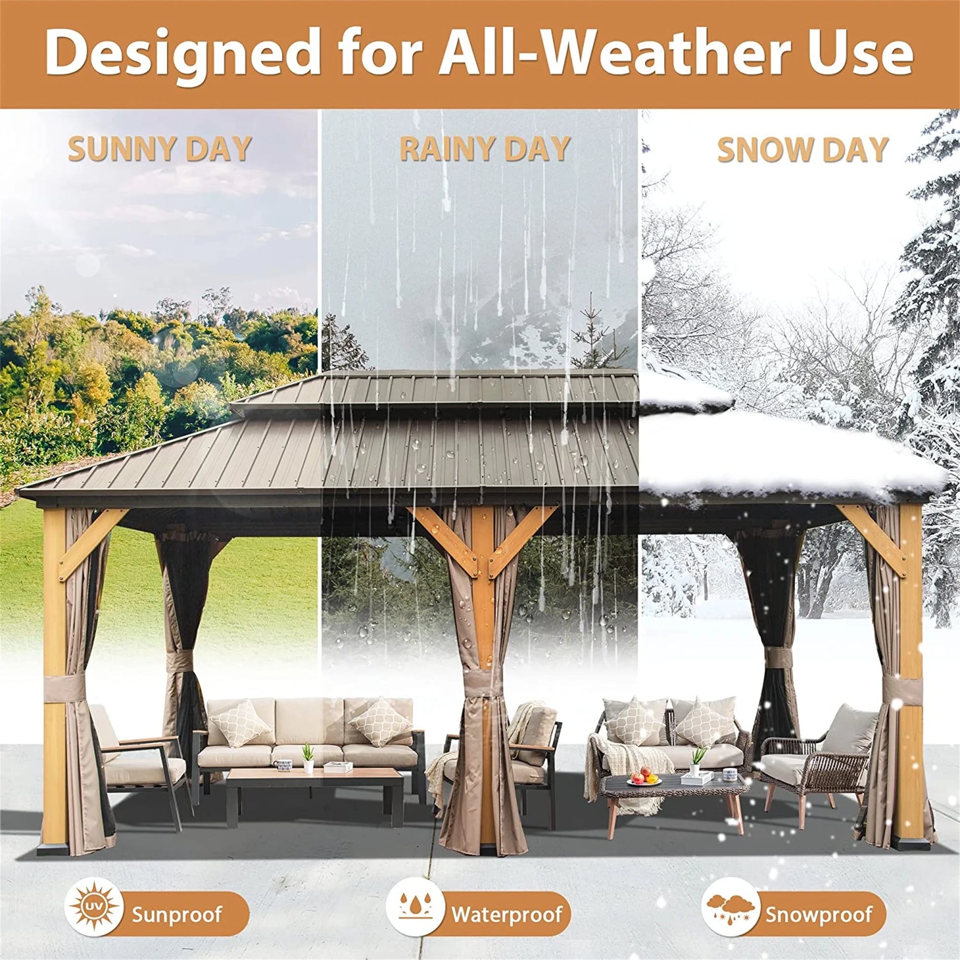 Mondawe 12'x20' Hardtop Gazebo, Outdoor Cedar Wood Frame Canopy with Galvanized Steel Double Roof, Outdoor Permanent Metal Pavilion with Curtains and Netting for Patio, Backyard and Lawn(Brown)