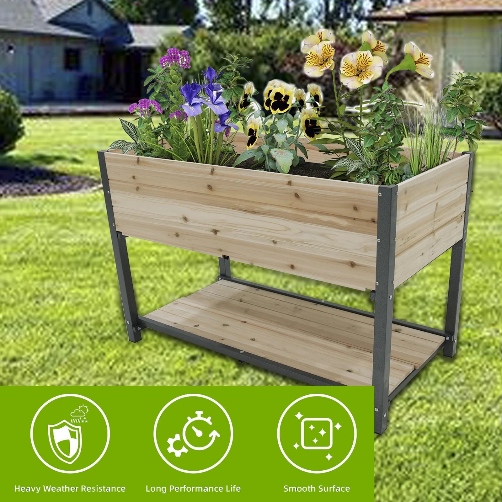 Durable Raised Garden Bed with Iron Frame and Solid Wood Panels, Elevated Planter Box for Patio, Balcony, Outdoor Gardening
