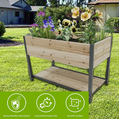 Durable Raised Garden Bed with Iron Frame and Solid Wood Panels, Elevated Planter Box for Patio, Balcony, Outdoor Gardening