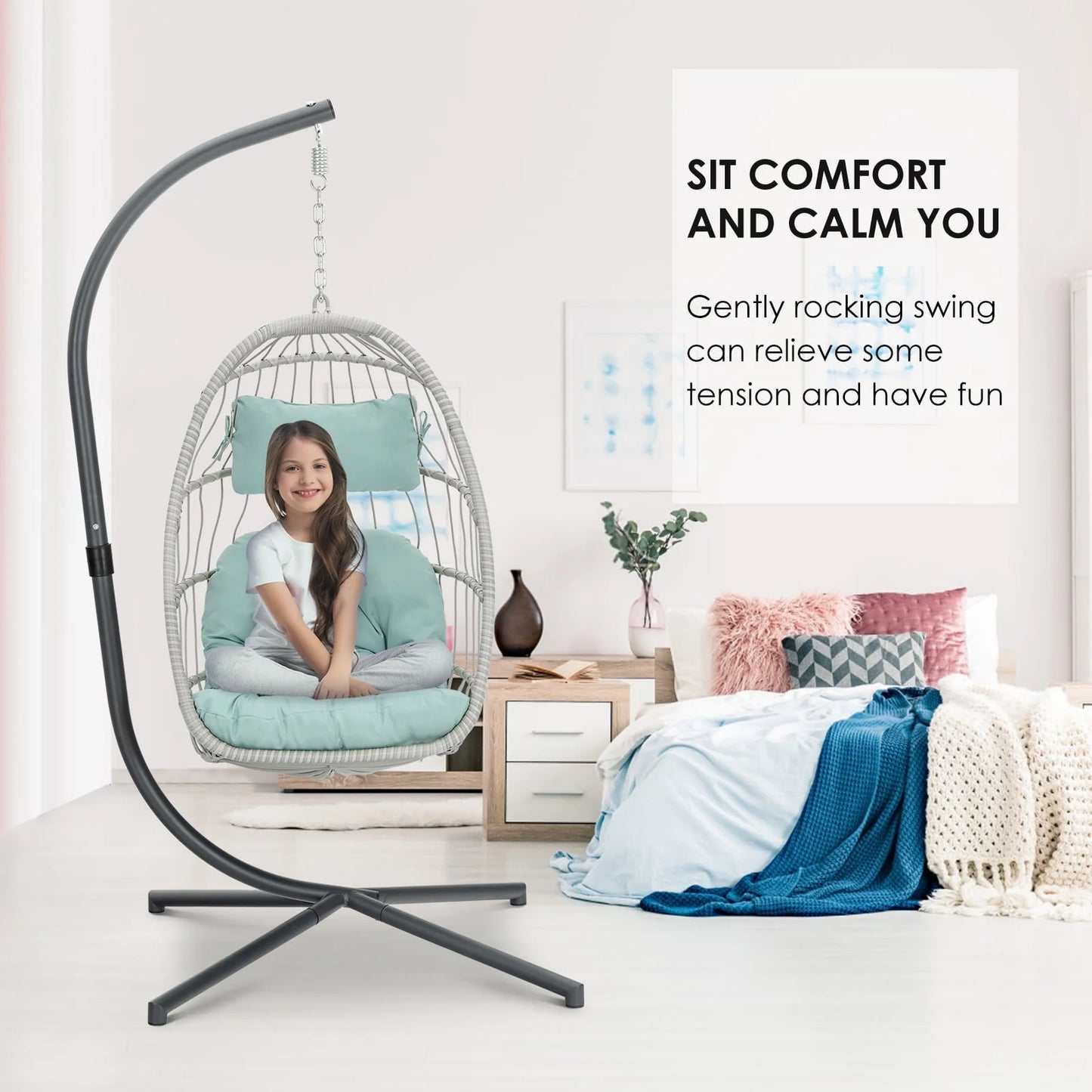 Hanging Egg Chair with Steel Stand and Fluffy Cushion, Lounge Wicker Iron Swing Chairs for Indoor Outdoor Patio Garden