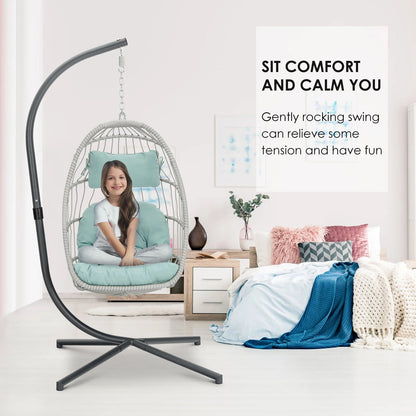Hanging Egg Chair with Steel Stand and Fluffy Cushion, Lounge Wicker Iron Swing Chairs for Indoor Outdoor Patio Garden