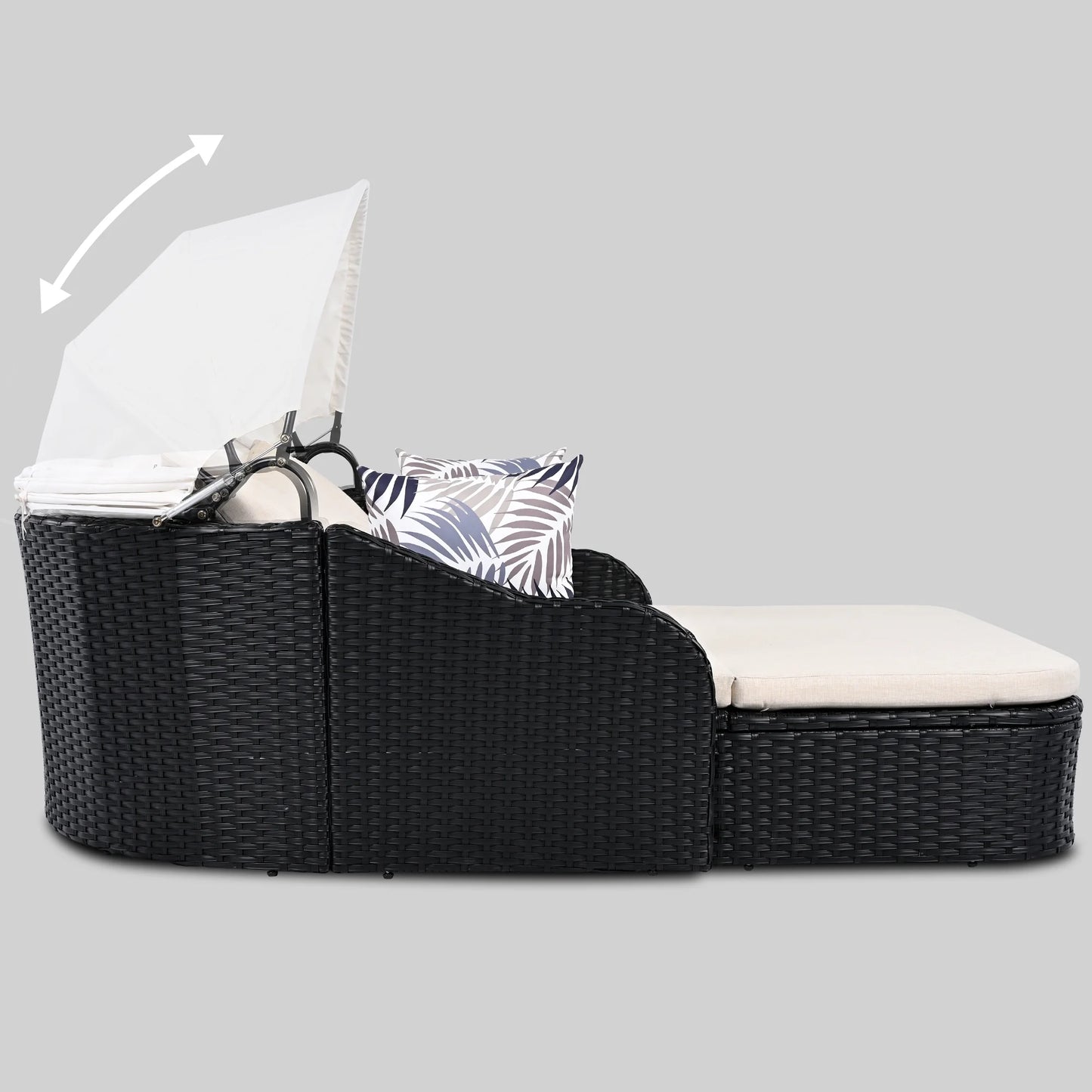 Harper & Bright Designs Rattan Outdoor Double Lounge Chaise 2-Person PE Wicker Outdoor Patio Sunbed with Canopy Cover for Backyard Garden Balcony, Beige+Black