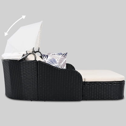 Harper & Bright Designs Rattan Outdoor Double Lounge Chaise 2-Person PE Wicker Outdoor Patio Sunbed with Canopy Cover for Backyard Garden Balcony, Beige+Black