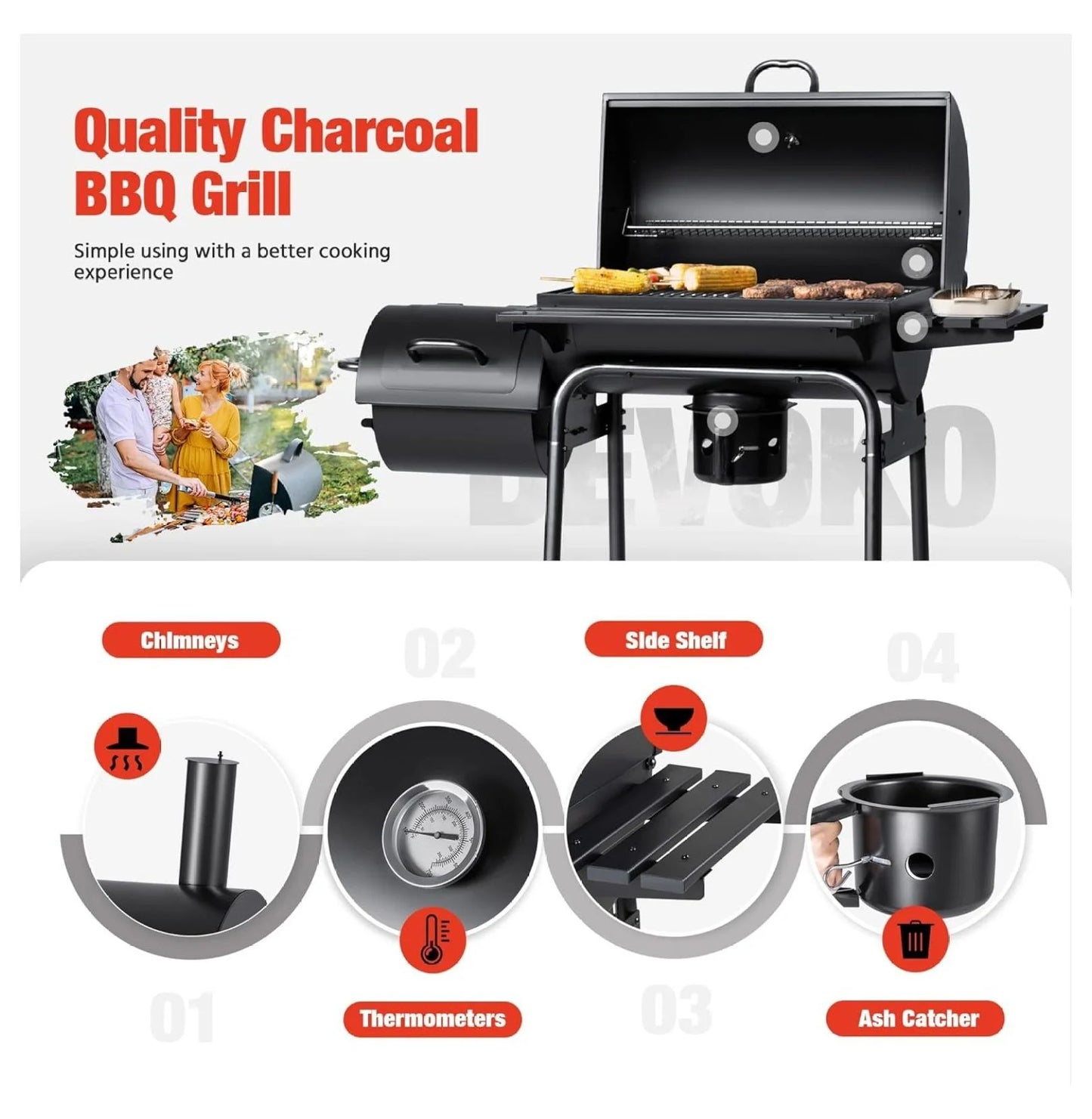Charcoal Grill 3-in-1, Offset Smoker BBQ Grill for Outdoor Use, Heavy Duty Steel Grill with Side Table, Warming Rack, Fire Drawer - Garden, Patio, Backyard