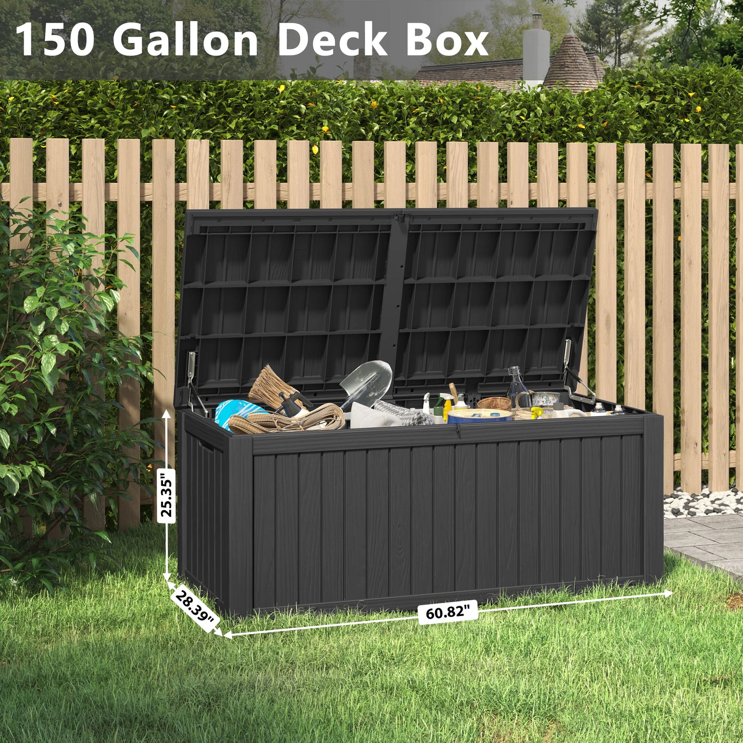 LHBcraft 150 Gallon Deck Box, Outdoor Storage Box, Large Waterproof Resin Indoor Storage Box with Built-in Steel Beams for Patio, Cushions, Pool Supplies