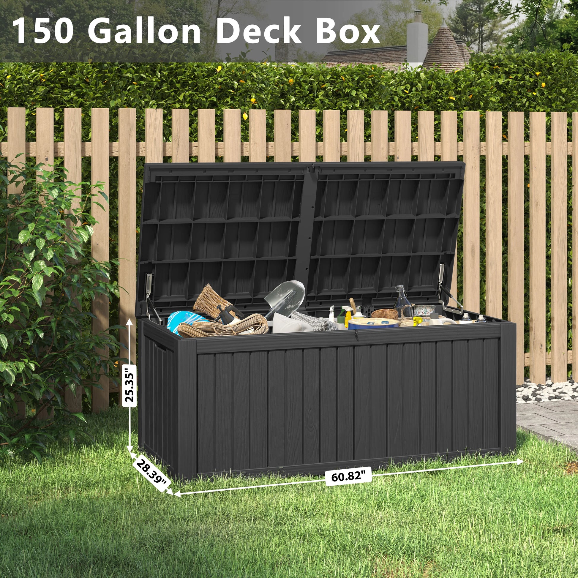 LHBcraft 150 Gallon Deck Box, Outdoor Storage Box, Large Waterproof Resin Indoor Storage Box with Built-in Steel Beams for Patio, Cushions, Pool Supplies
