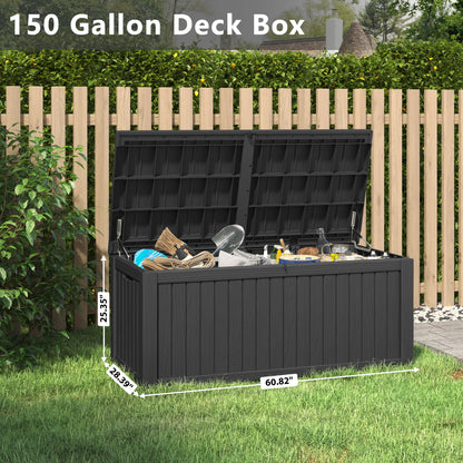 LHBcraft 150 Gallon Deck Box, Outdoor Storage Box, Large Waterproof Resin Indoor Storage Box with Built-in Steel Beams for Patio, Cushions, Pool Supplies