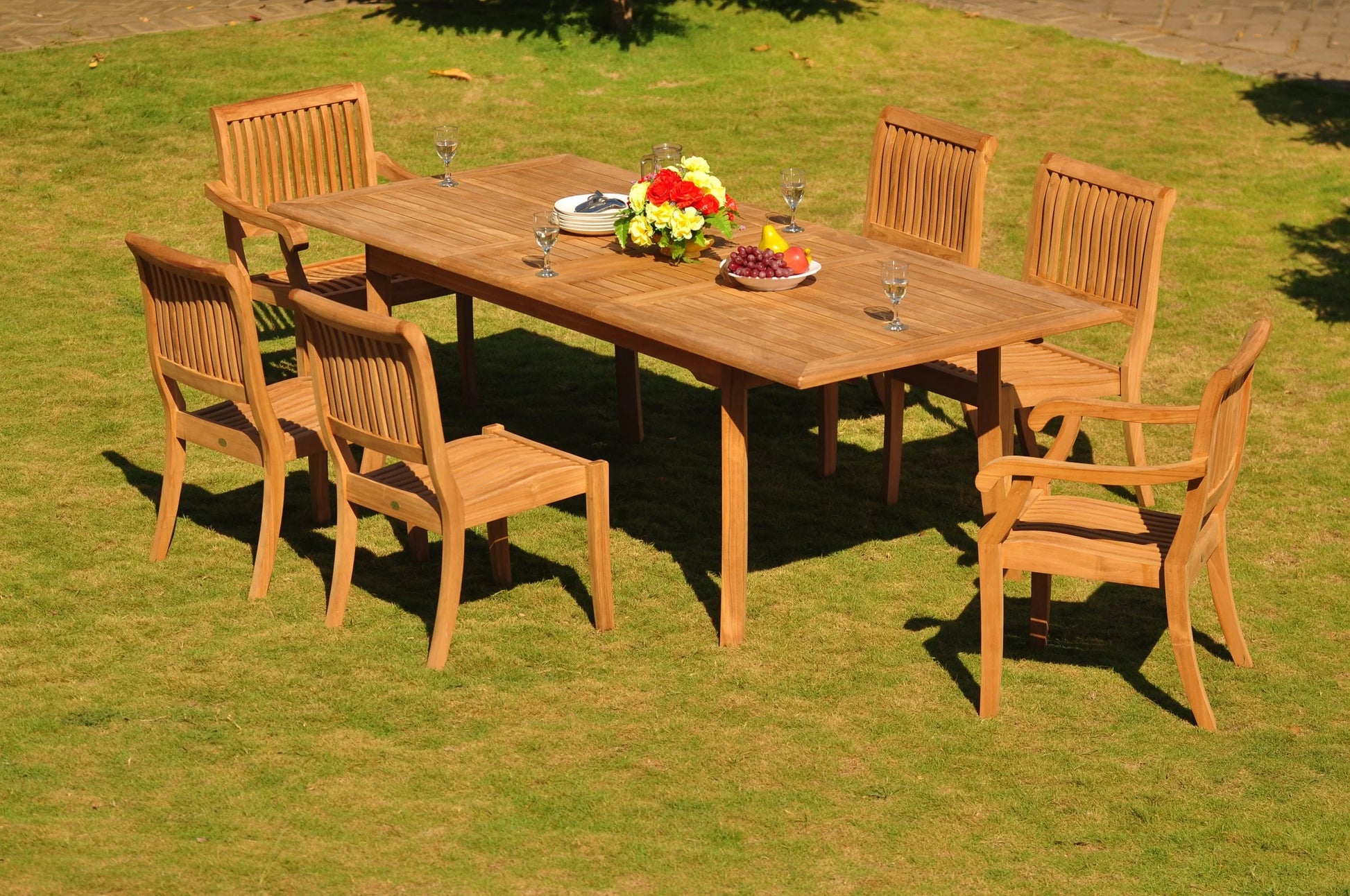 Teak Dining Set: 6 Seater 7 Pc: 94" Rectangle Table & 2 Stacking Arbor Arm & 4 Armless Chairs Outdoor Patio Grade-A Teak Wood WholesaleTeak #WMDSAB15