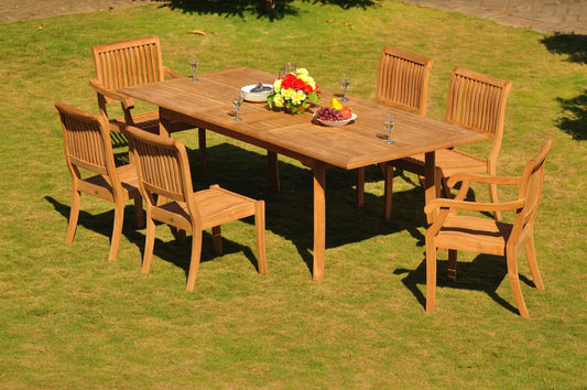 Teak Dining Set: 6 Seater 7 Pc: 94" Rectangle Table & 2 Stacking Arbor Arm & 4 Armless Chairs Outdoor Patio Grade-A Teak Wood WholesaleTeak #WMDSAB15