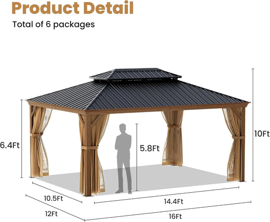 COSIEST 12'x16' Hardtop Gazebo Rustproof Double Roof Metal Roof with Netting and Curtains,Durable Outdoor Pavilion for Patio,Lawn and Garden