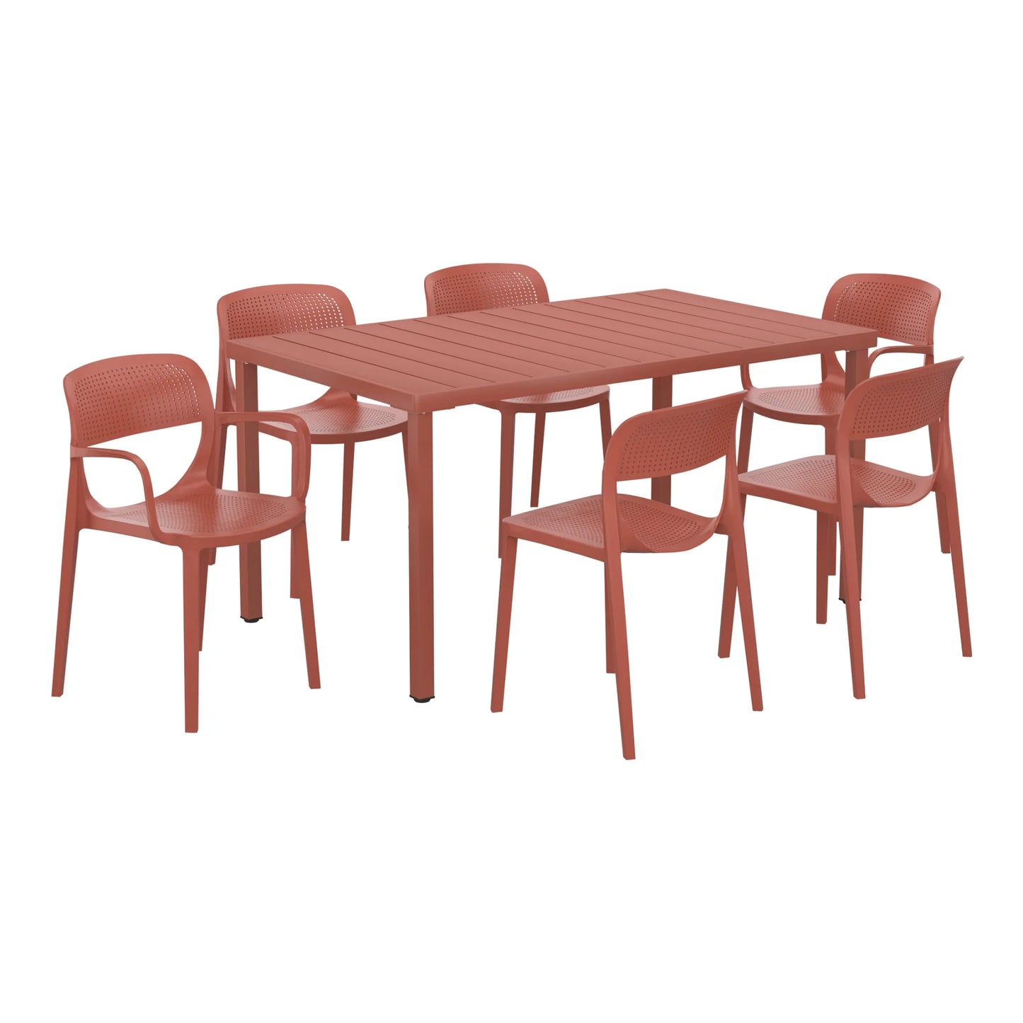 WestinTrends Playa 7-Piece Outdoor Rectangular Metal Patio Dining Table Set With Stackable Patio Dining Chairs, Red