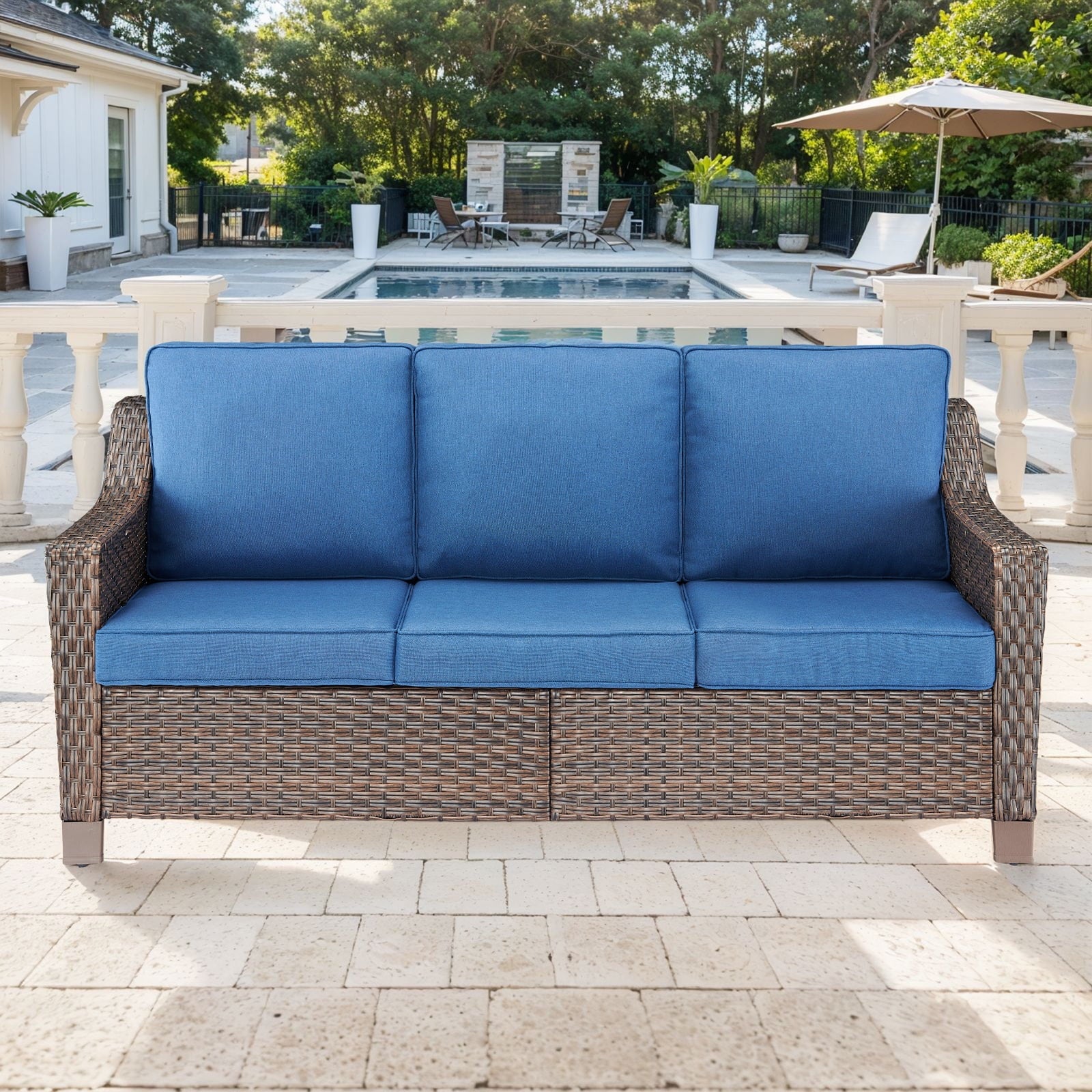 Gymojoy 6-Piece Patio Furniture Set, Oversized Outdoor Wicker Sofa with Swivel Chairs and Coffee Table, Sectional Rattan Outdoor Conversation Set for Poolside Backyard Deck, Blue