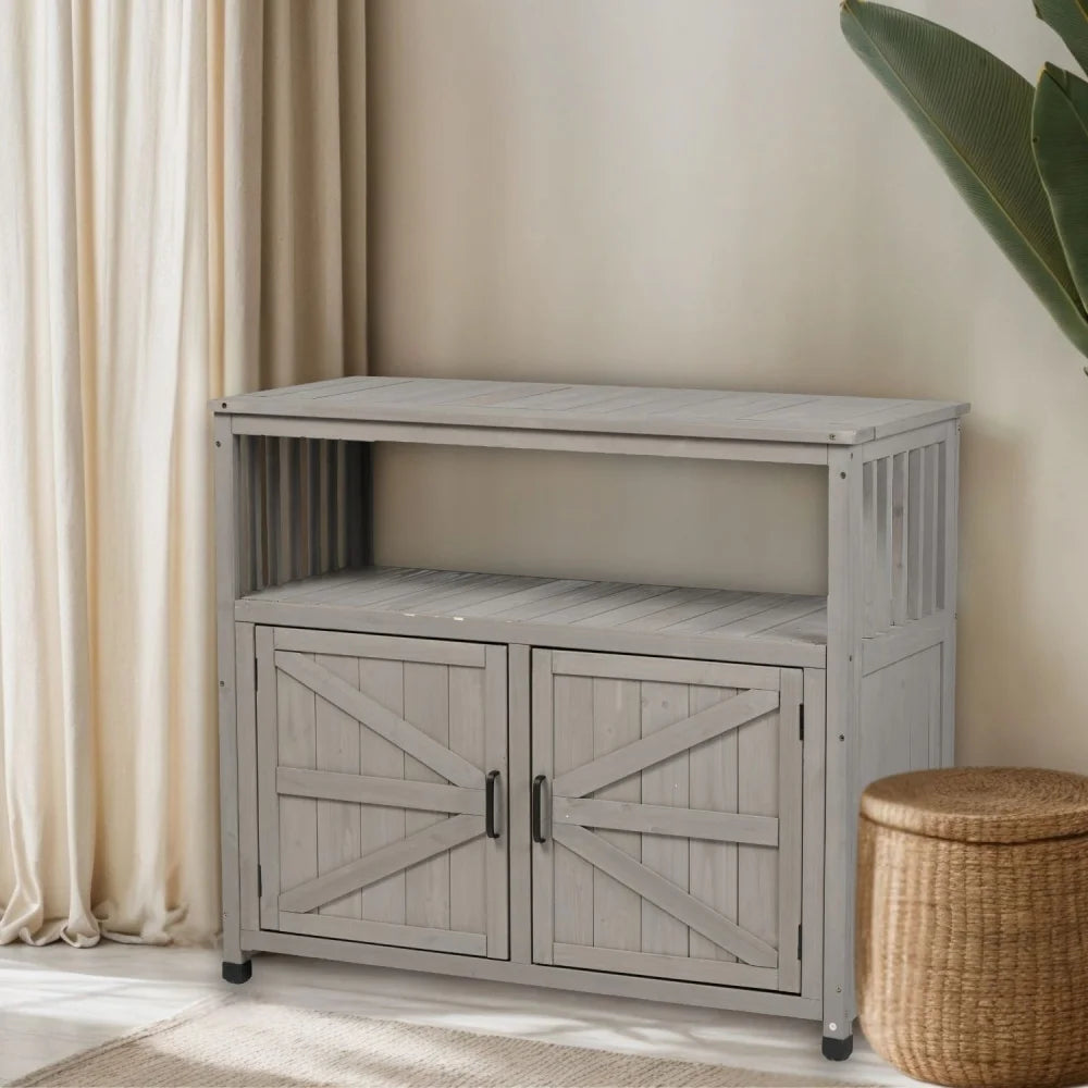 Outdoor Storage Cabinet, Patio Bar Table with Two Doors and Shelves, Wooden Patio Bar Table Set with Storage, Buffet Cabinet Sideboard for Outdoor and Indoor, Gray