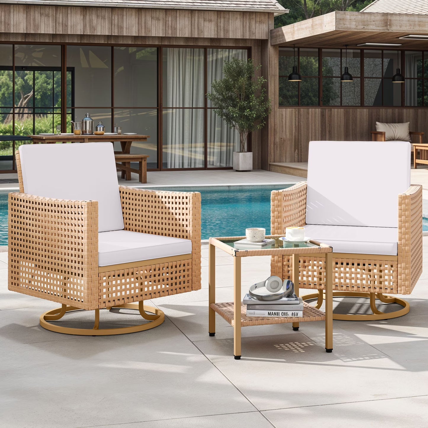 Dextrus Patio Swivel Chairs, Outdoor Wicker Swivel Glider Rocking Chairs set of 2 with Side Table,Bistro Swive Chairs Set for Porch Deck - Blue