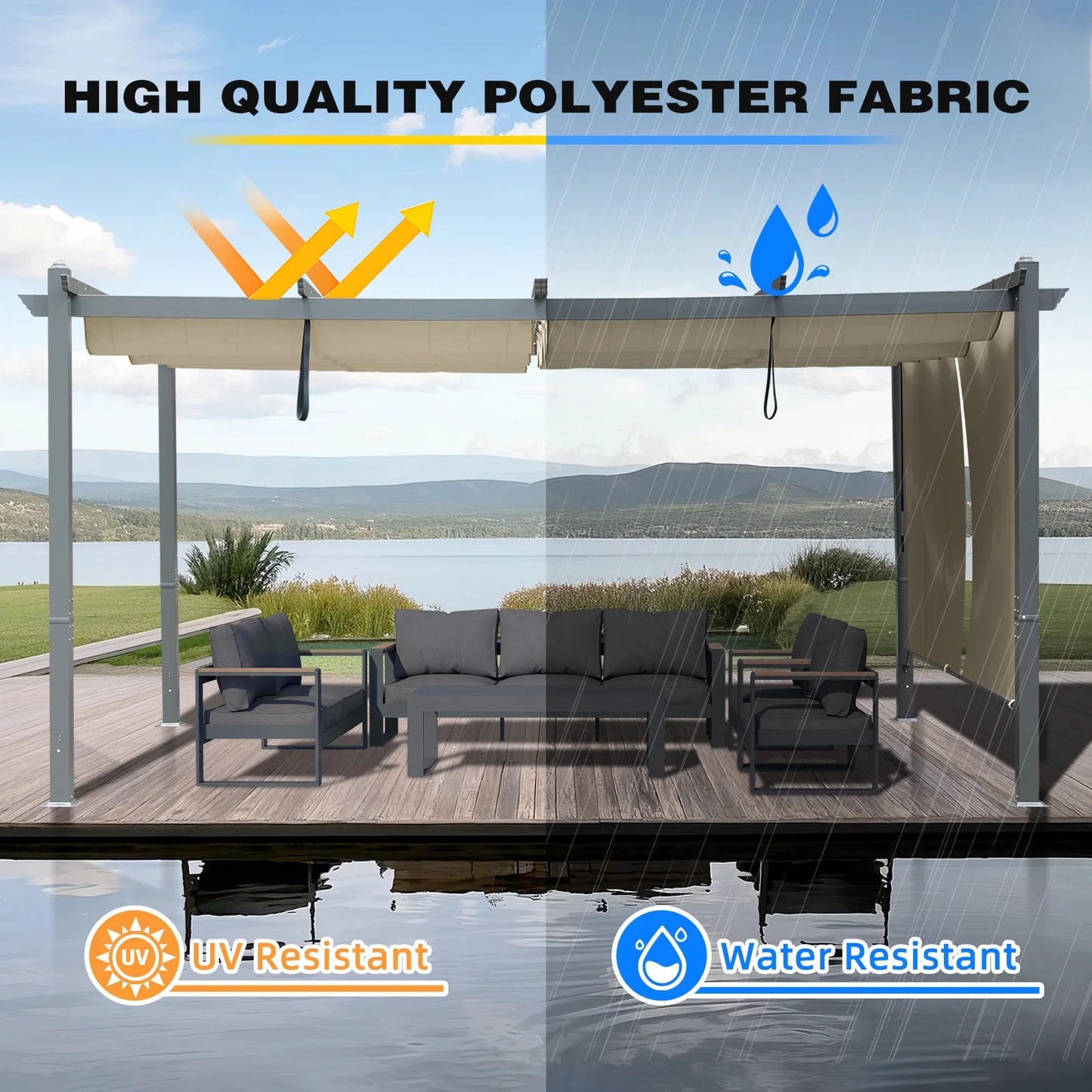 BPS 16' x 12' Outdoor Pergola with Retractable Canopy & Adjustable Sun Shade, Patio Aluminum Pergolas Gazebos, Khaki
