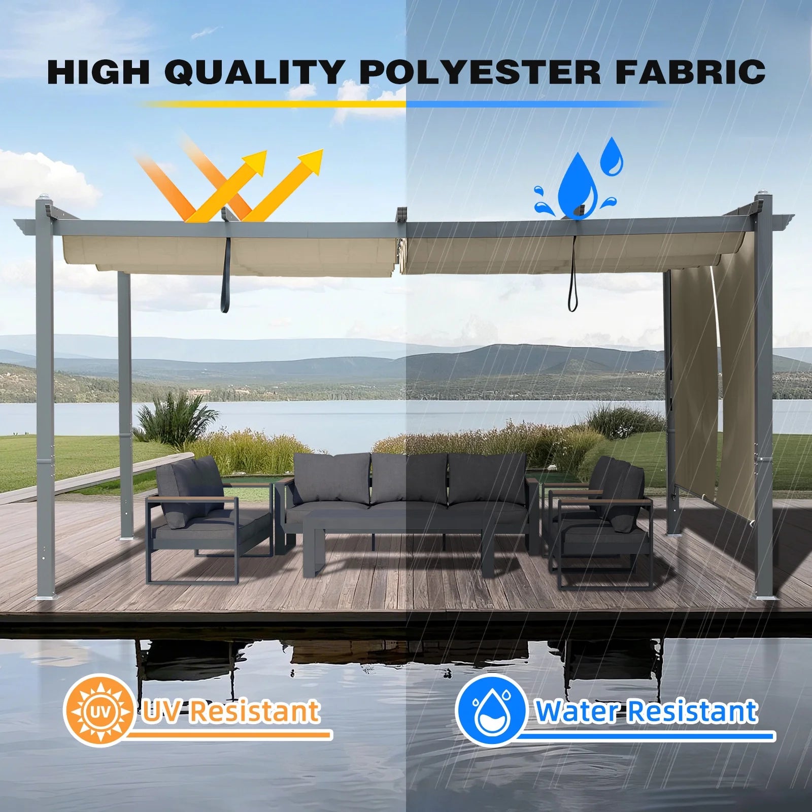 BPS 16' x 12' Outdoor Pergola with Retractable Canopy & Adjustable Sun Shade, Patio Aluminum Pergolas Gazebos, Khaki