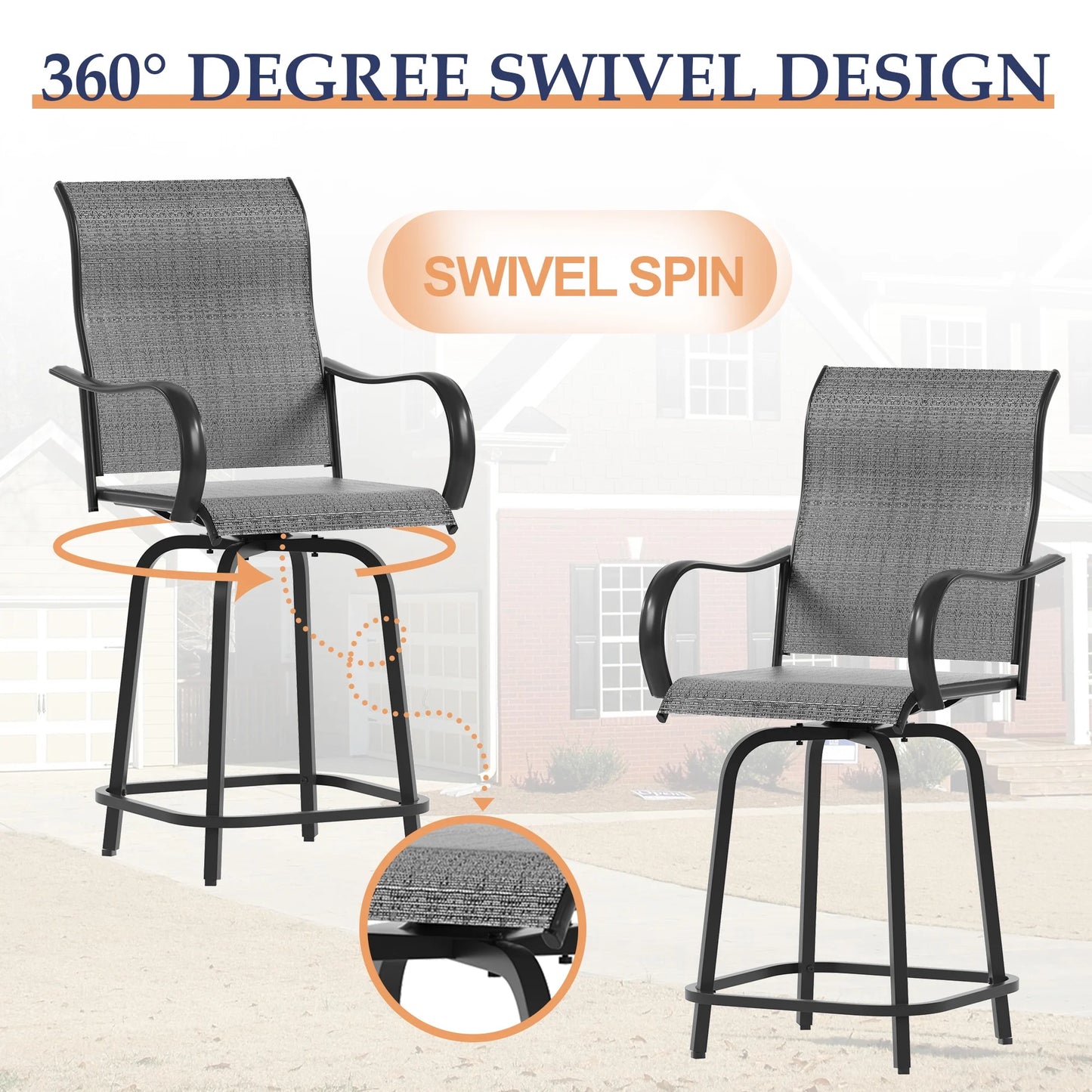 ELPOSUN Patio Swivel Bar Stools Chair of 2, Outdoor Bar Height Set, All Weather High Back and Armrest Rocking Stools & Bar Chairs for Backyard, Lawn Garden, Balcony and Pool, Grey White