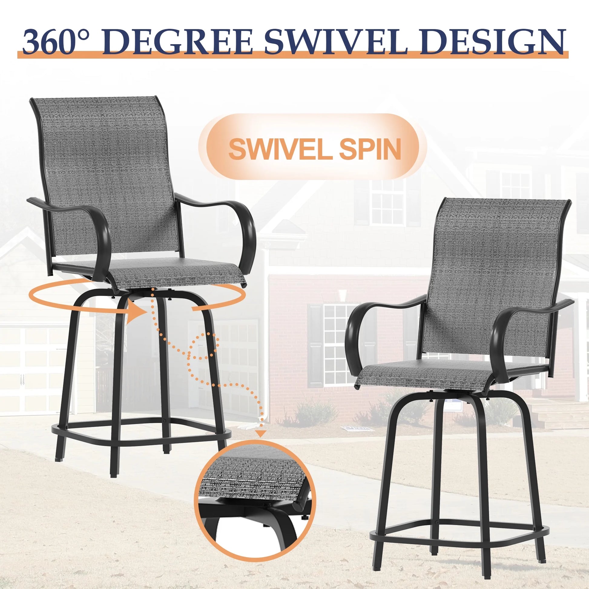 ELPOSUN Patio Swivel Bar Stools Chair of 2, Outdoor Bar Height Set, All Weather High Back and Armrest Rocking Stools & Bar Chairs for Backyard, Lawn Garden, Balcony and Pool, Grey White