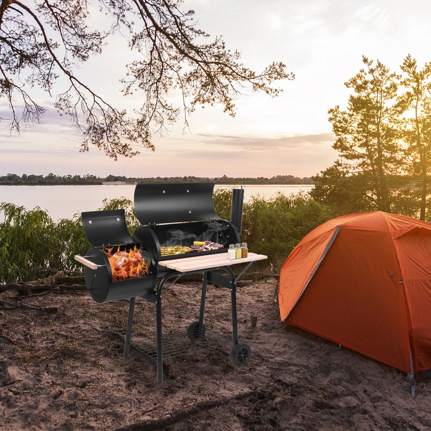 Qiushi BBQ Charcoal Grill, Outdoor Patio Barbecue Cooker with Offset Smoker, Wheels and Tray for Balcony Picnics, Party and Camping