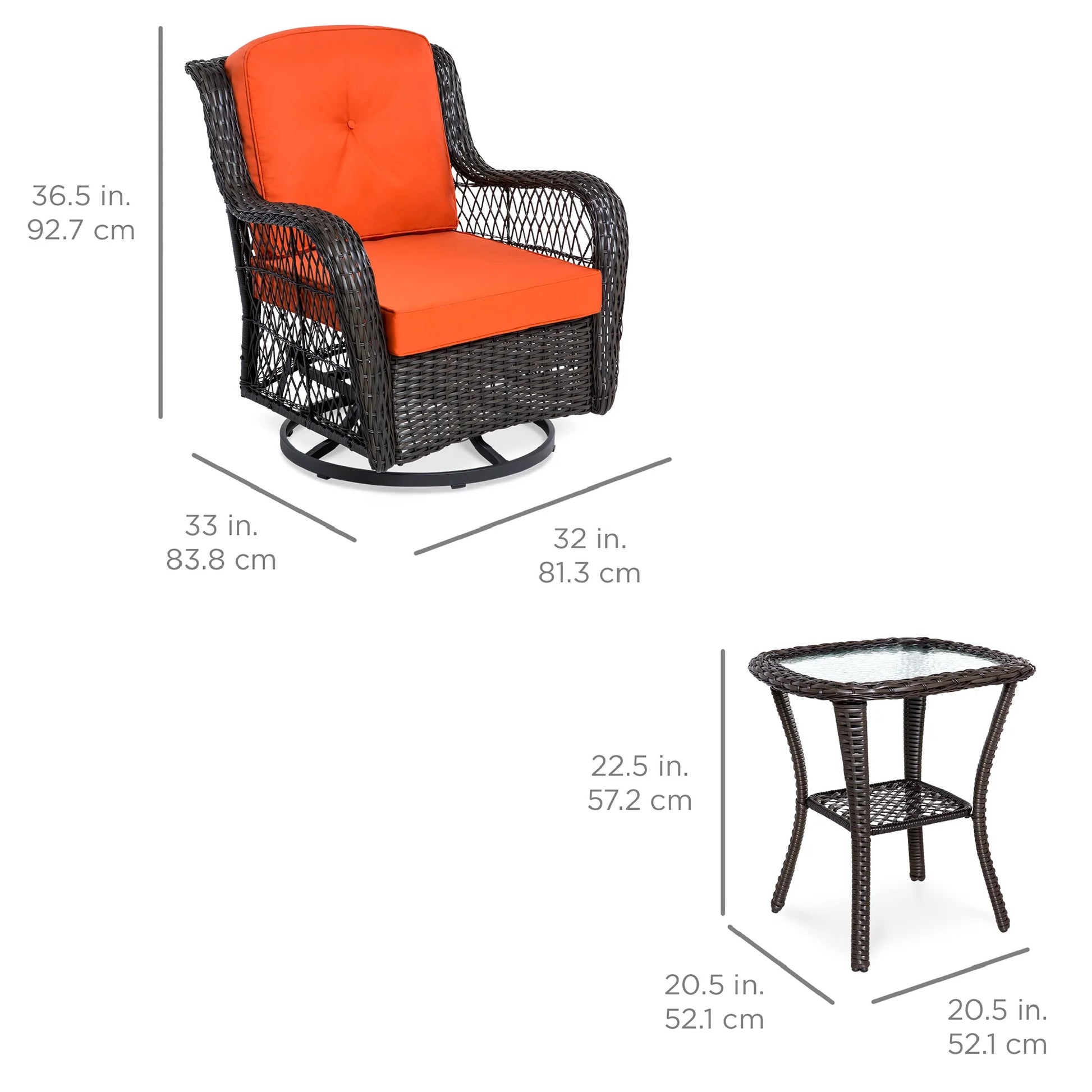 Best Choice Products 3-Piece Patio Wicker Bistro Furniture Set w/2 Cushioned Swivel Rocking Chairs, Side Table - Rust