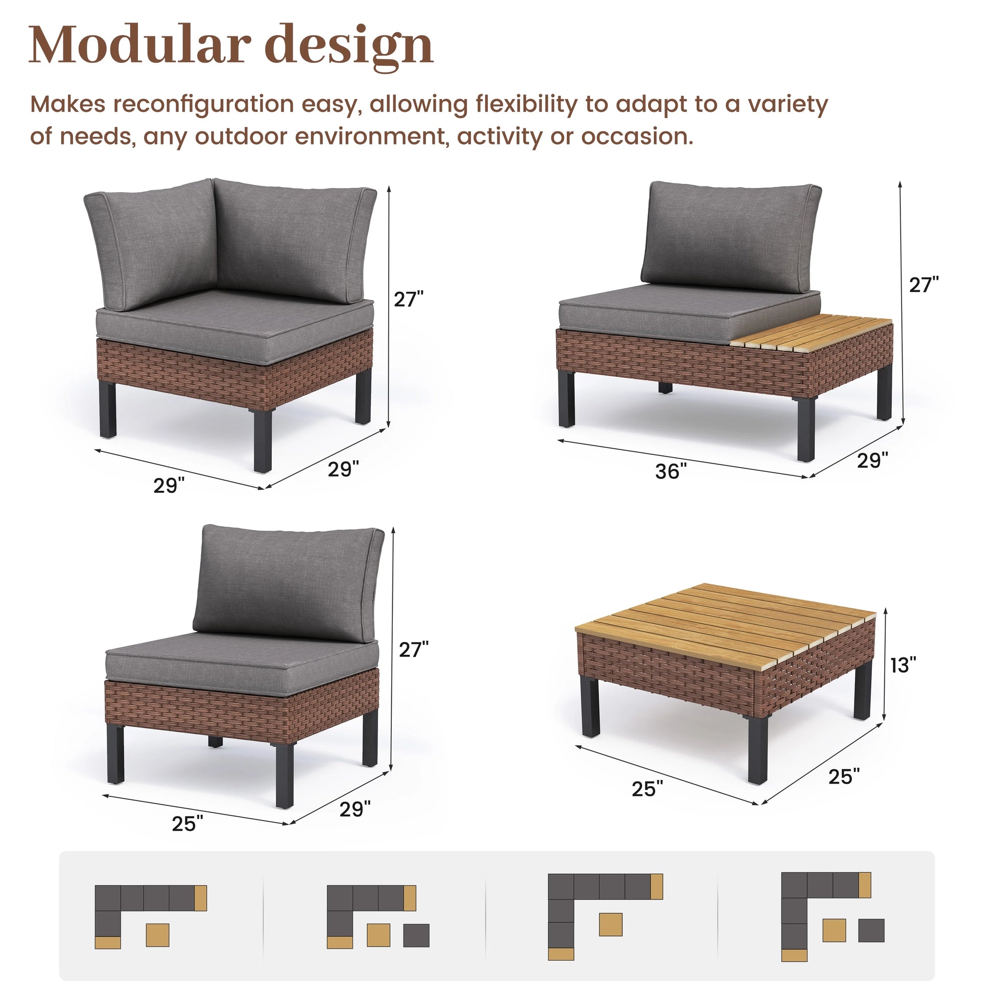 MRUAKA L Shaped Conversation Sectional Sofa Set with Coffee Table, 5 Pieces Patio Furniture Seating Group with Side Table for Backyard Garden, Beige Grey
