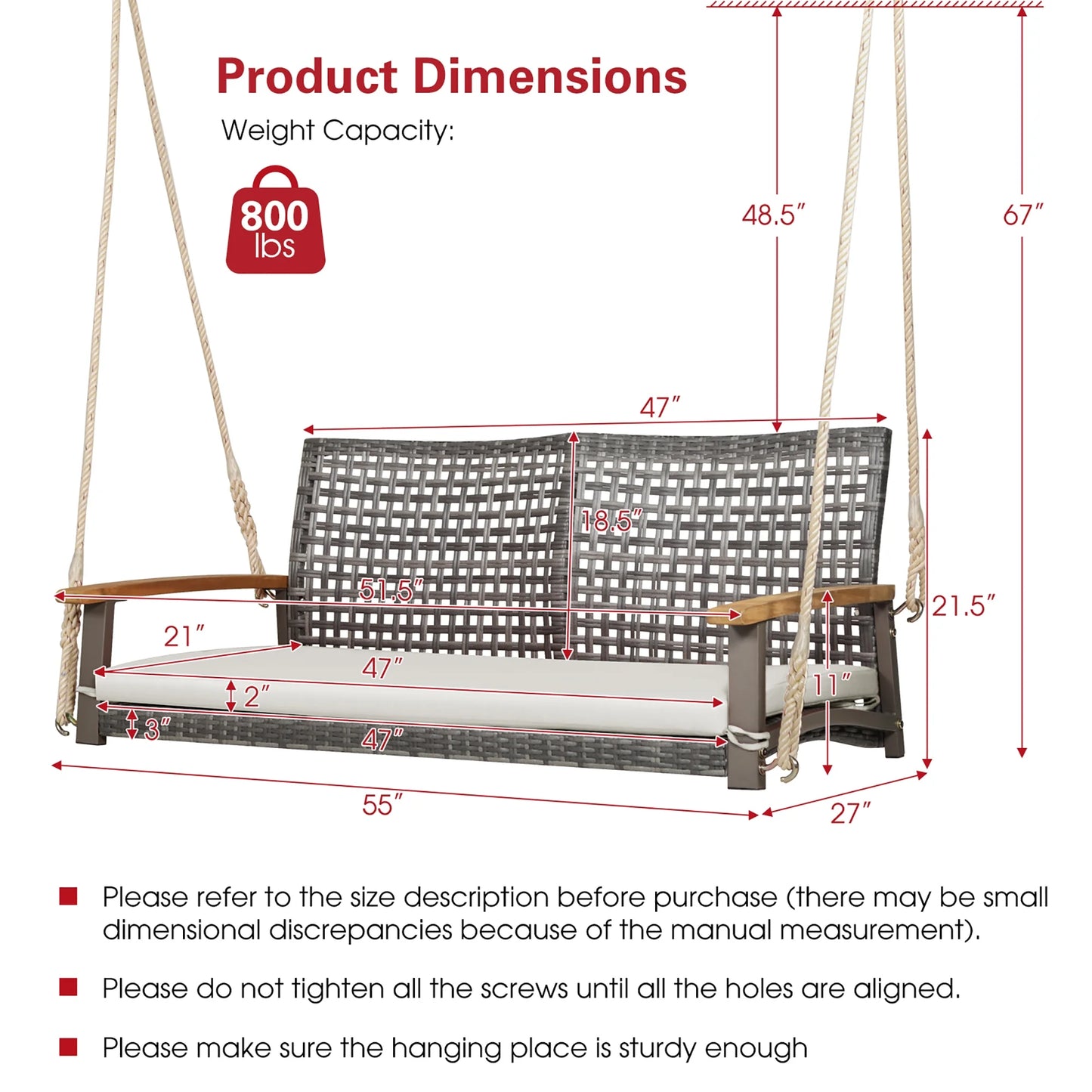 Gymax Rattan Patio Porch Swing 2-Person Cushioned Swing Chair Bench w/Hanging Ropes Off White