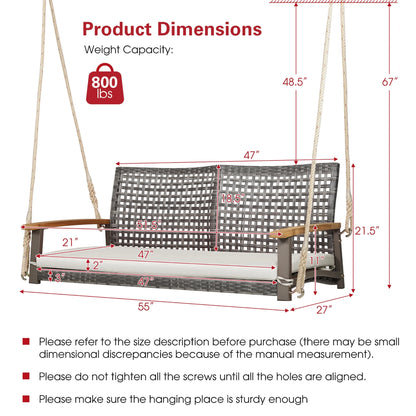Gymax Rattan Patio Porch Swing 2-Person Cushioned Swing Chair Bench w/Hanging Ropes Off White
