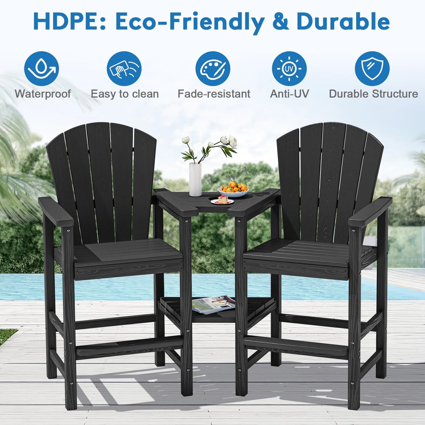 JUSTLET Tall Adirondack Chair Set of 2 with Double Connecting Tray, HDPE Outdoor Weather Resistant Patio Bar Stools, Navy Blue