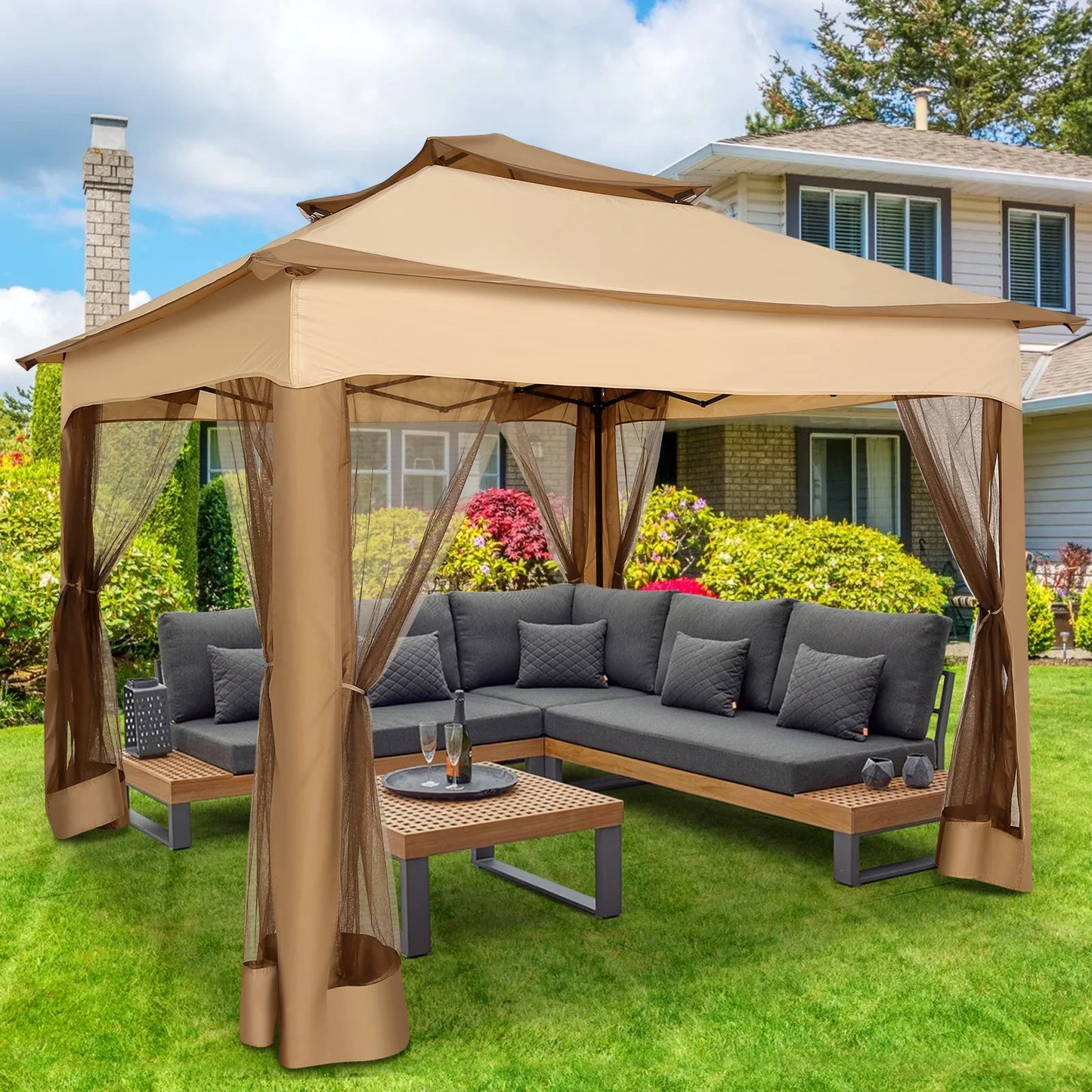 SANOPY 11 x 11 ft Outdoor Patio Gazebo with Ventilated Double Roof and Mosquito Net, Pop up Steel Canopy for Patios, Backyard, Garden and Beach