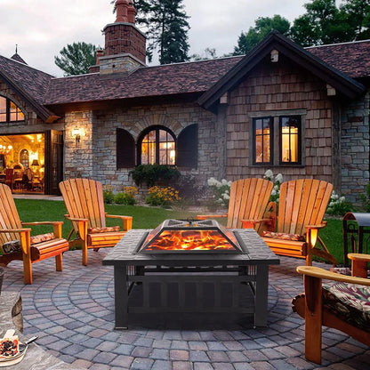 SEGMART Outdoor Fire Pit, 32" Square Metal Fire Pit Table, Stove Wood Burning Fire Pit Bowl, Spark Screen & Log Poker, Ideal for Yard Patio Beach Picnic Bonfire