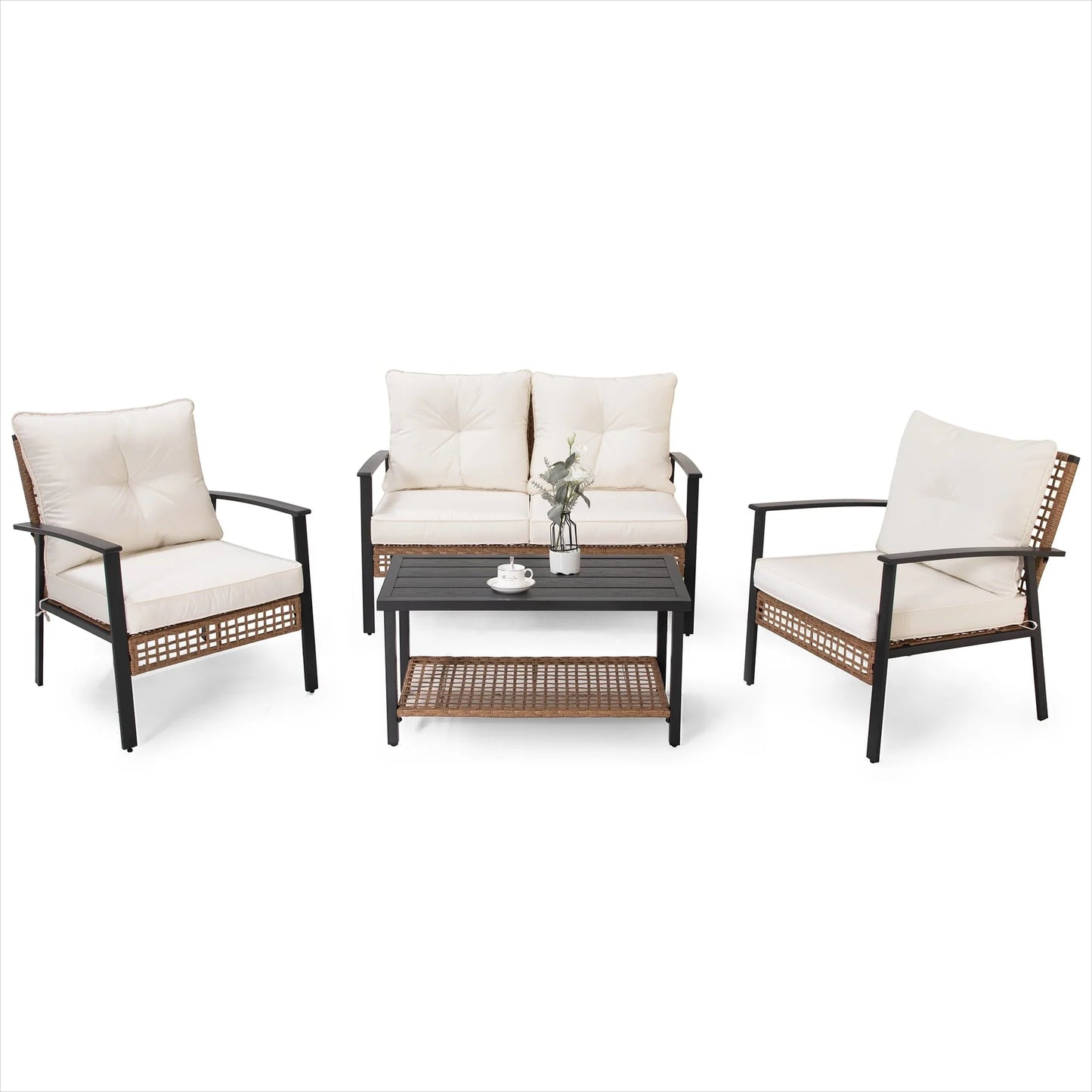 LAUSAINT HOME 4 Pieces Outdoor Patio Conversation Set with Cushions and 2-Tiers Storage Metal Coffee Table