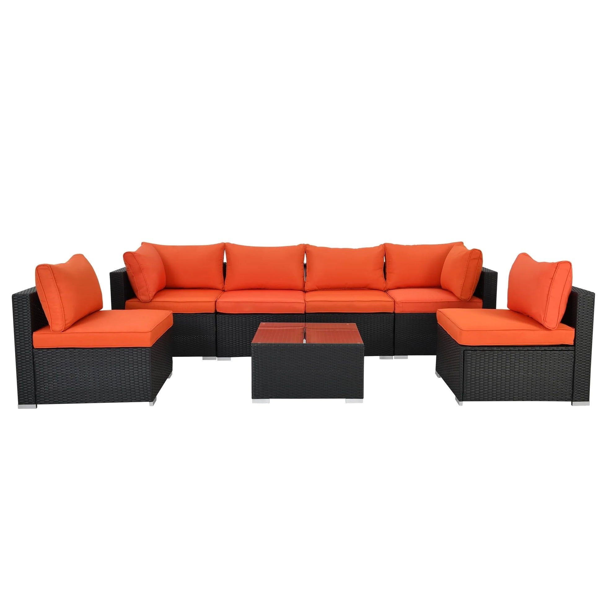Olmia 7 Piece Patio Furniture sets PE Rattan Wicker Sectional Sofa Set, with Tea Table and Washable Couch Cushions, for Garden Poolside& Patio, Black+Orange