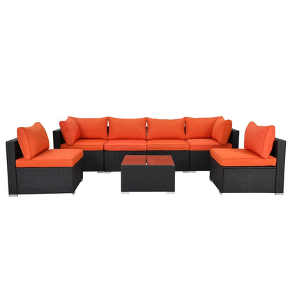 Olmia 7 Piece Patio Furniture sets PE Rattan Wicker Sectional Sofa Set, with Tea Table and Washable Couch Cushions, for Garden Poolside& Patio, Black+Orange