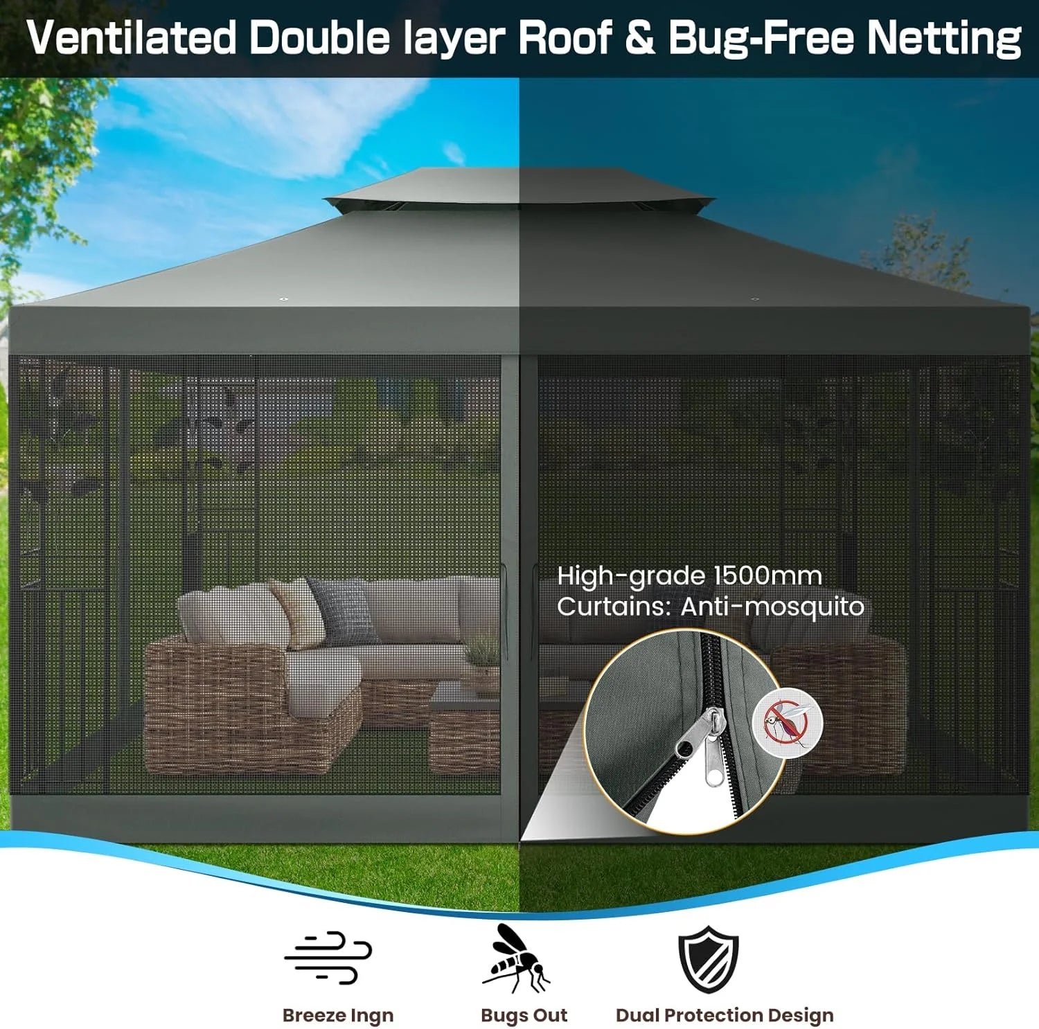 COBIZI 10' x 13' Pop Up Gazebo, Screened Patio Gazebo, Outdoor Steel Double Roof Canopy Tent, Metal Frame Canopy with Mosquito Netting, Sunshade for Garden, Lawns, Gray