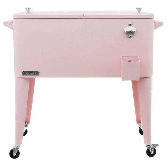 Permasteel 80-Qt Classic Outdoor Steel Patio Cooler on Wheels, Beverage Rolling Cart, Pink