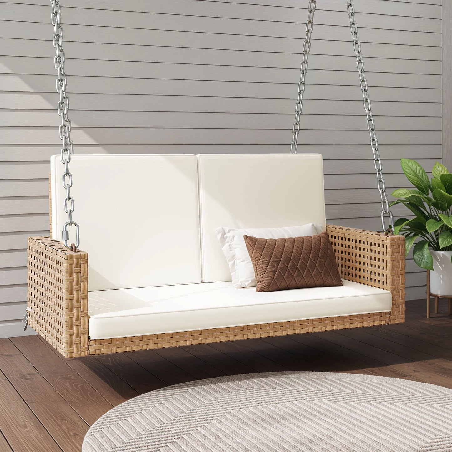 Craftian 2-Person Patio Hanging Porch Swing Rattan 800LBS Swing Bench w/Cushions
