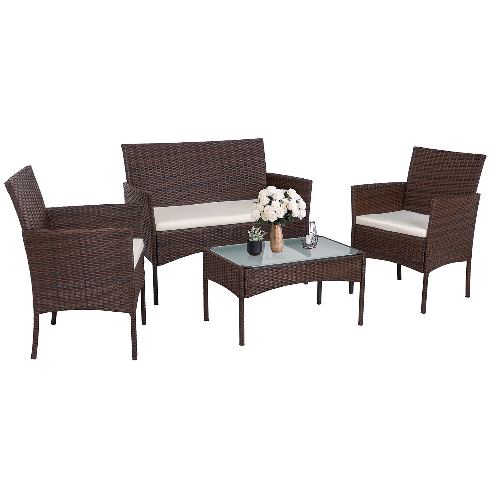 Walsunny 4 Pieces Outdoor Patio Furniture Brown Sets Rattan Chair Wicker Set