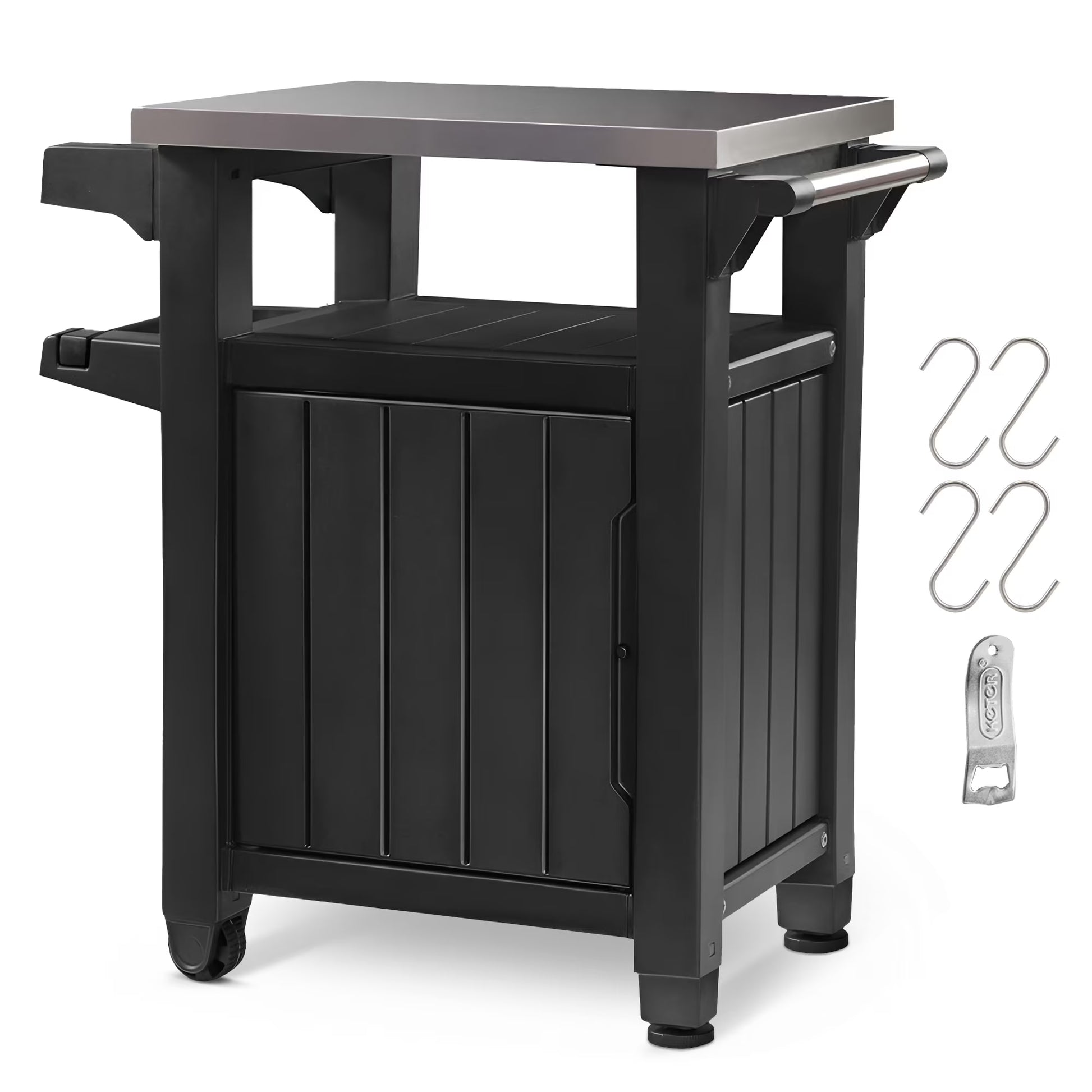 Keter Unity 40 Gal Patio Storage Grilling Bar Cart w/Stainless Steel Top, Brown