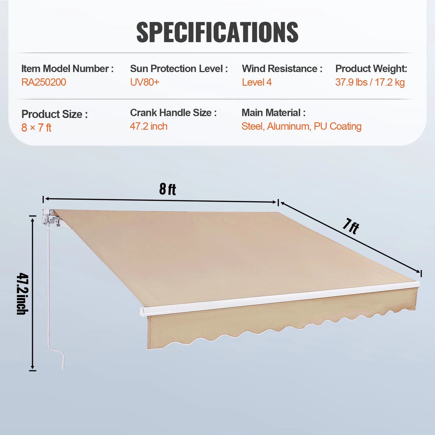 KFFKFF Patio Awning Retractable 8' x 7' Awning Sunshade Shelter with Crank Handle